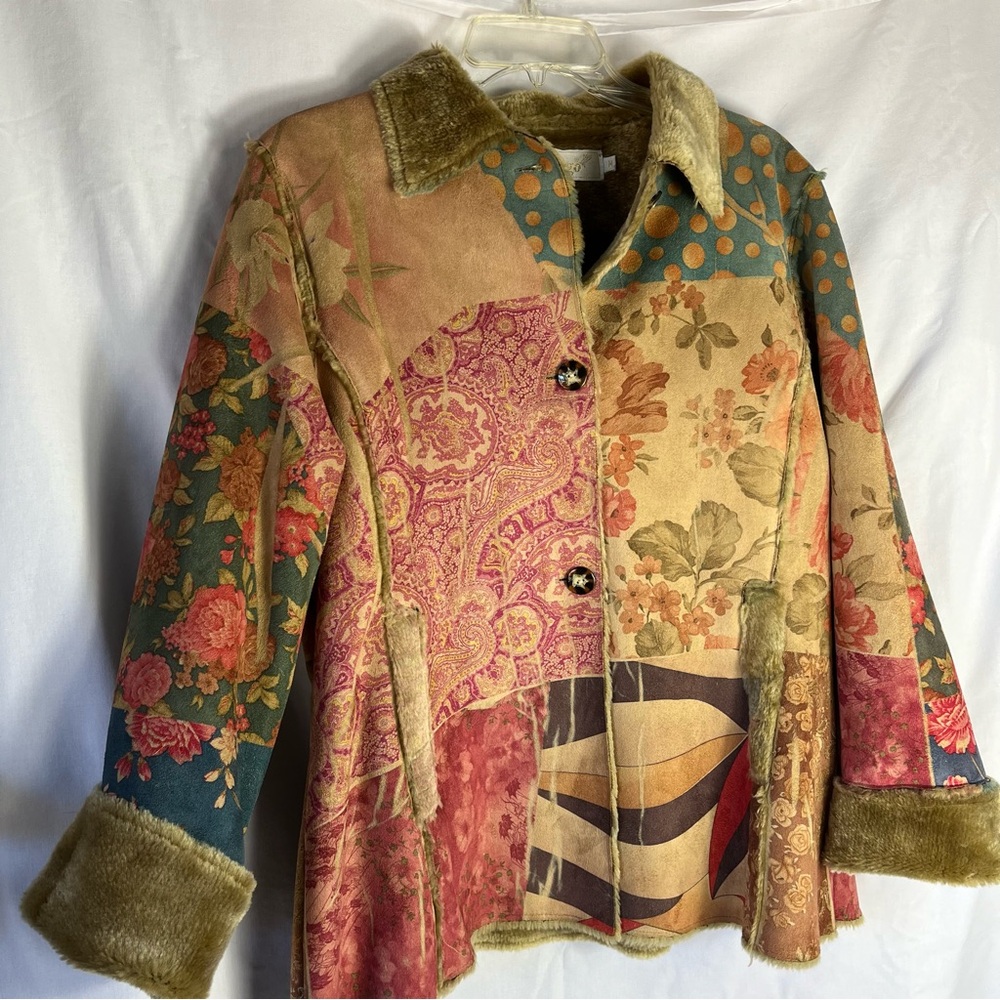 Vintage Imago Faux Fur and Faux Suede Jacket Patchwork Multi Print Medium